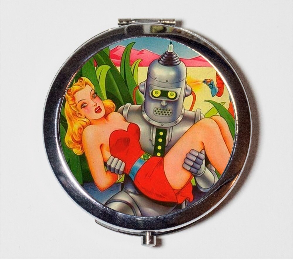 Sci Fi Robot Comic Retro Compact Mirror Make Up Pocket Mirror Cosmetic