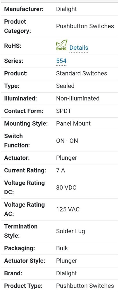 Avionic Master Pushbutton Switch P/N 554-1121