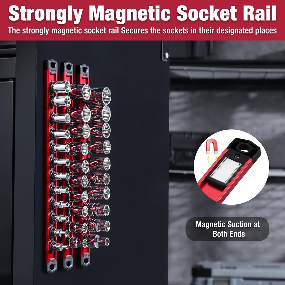 Aluminum Magnetic Socket Organizer with Movable Clips - Compact Garage Solution