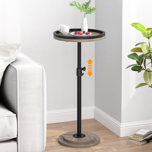 Small Side Table, Drink Table, Height Adjustable Round End Table, Pedestal Grey