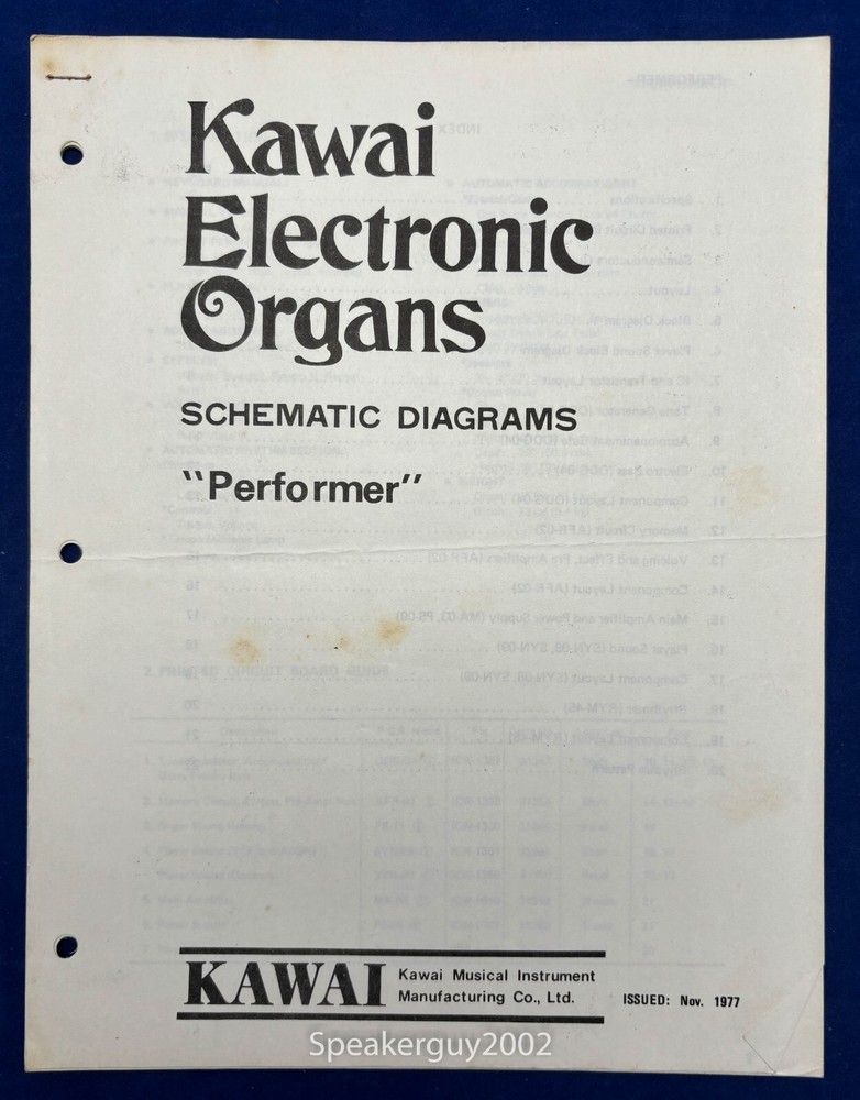 Original Kawai Organ Schematic Diagrams Manual / Performer