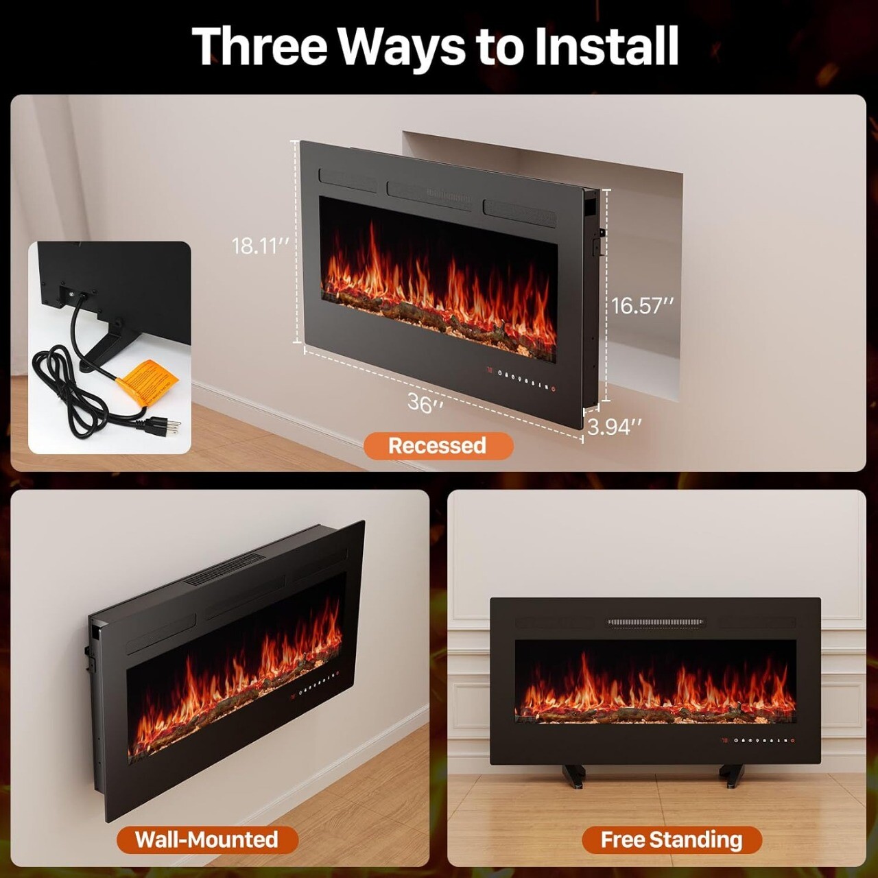 Electric Fireplace Wall Mount Recessed Fireplace Insert and Freestanding Heater