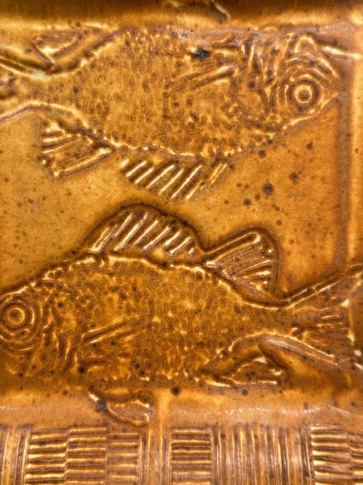 Studio Art Pottery Square Imprinted Fish - Double Handled Serving Tray/Dish