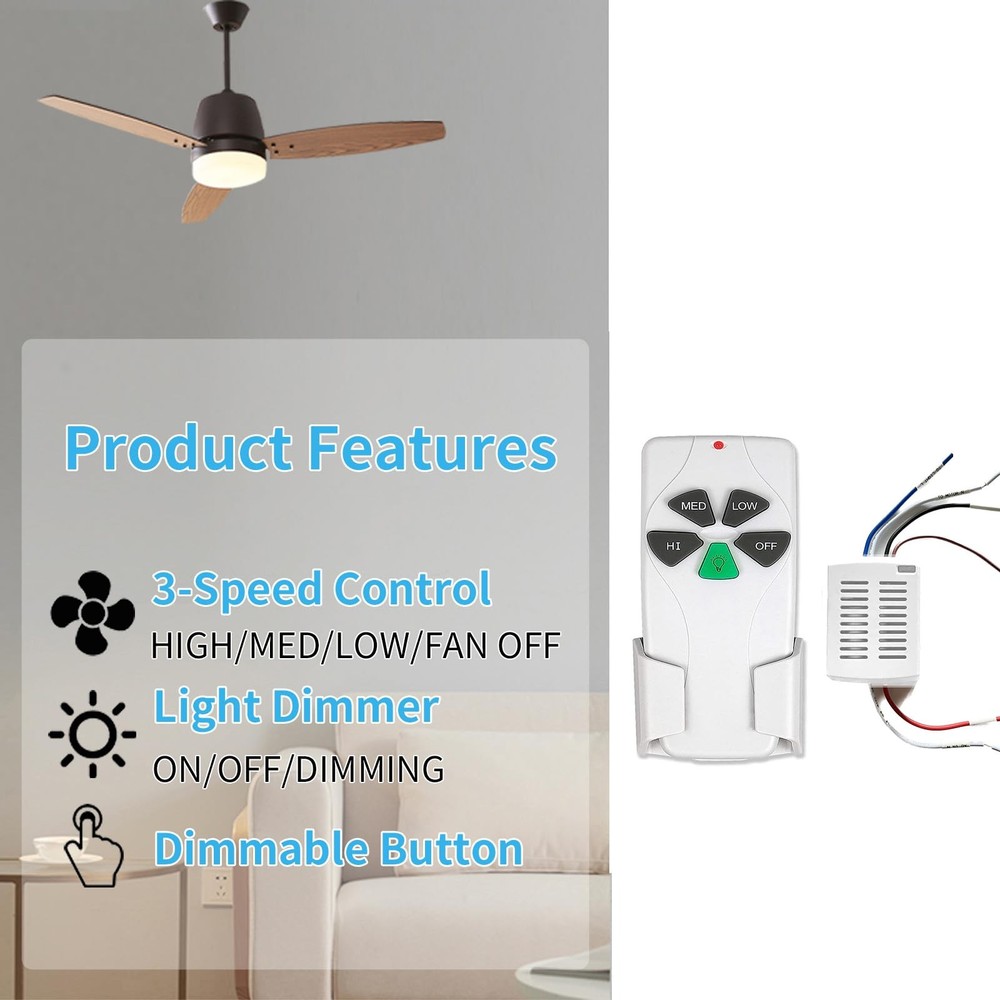 Small Size Universal Ceiling Fan Remote Control Kit, 3 Speed Control with Lig...