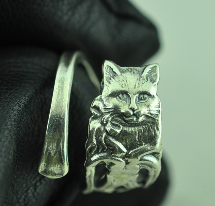 Dainty Solid 925 Sterling Silver My Little Kitty Cat Adjustable Spoon Ring