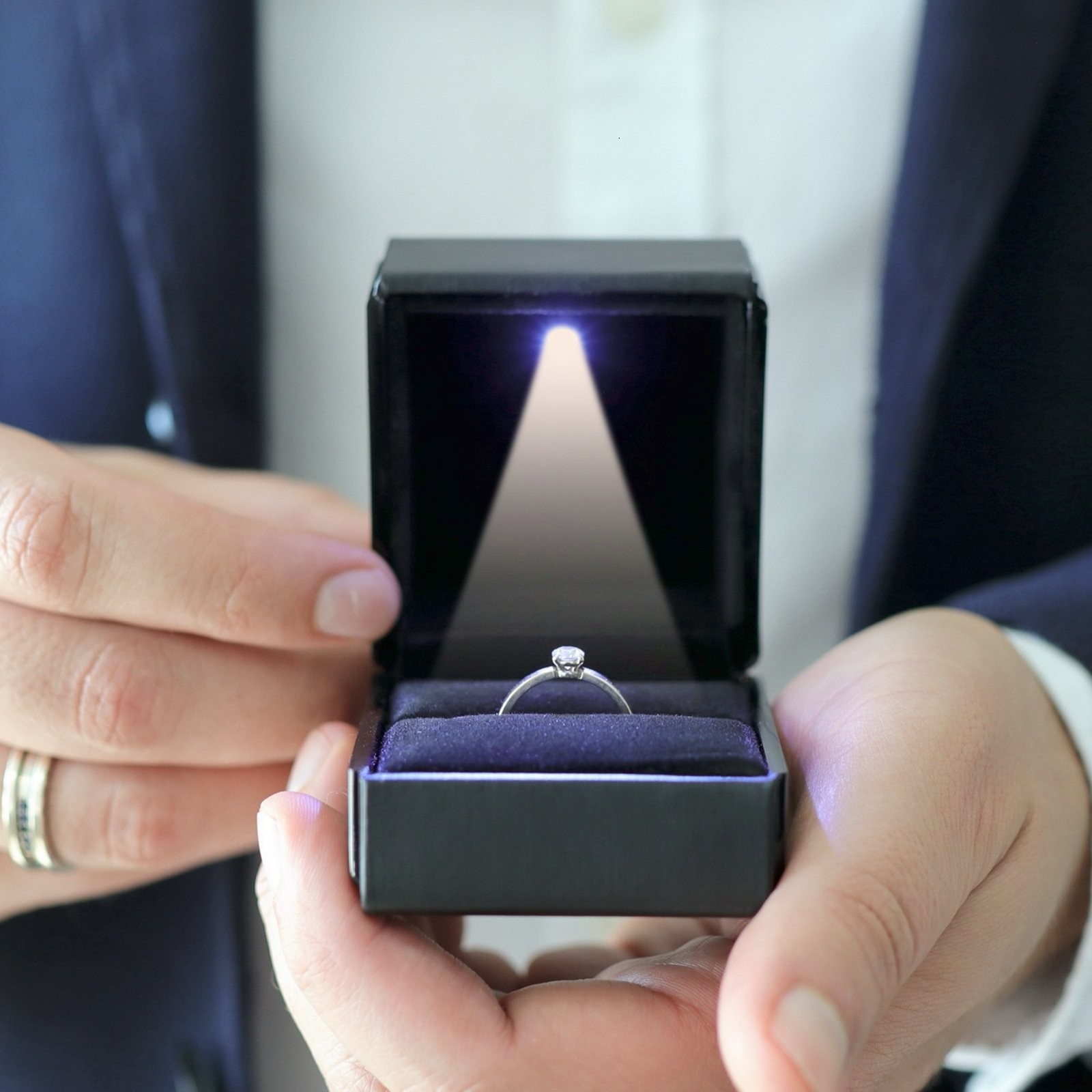 Novel Box Square Shaped Ring Box with LED Light for Wedding & Special Occasions