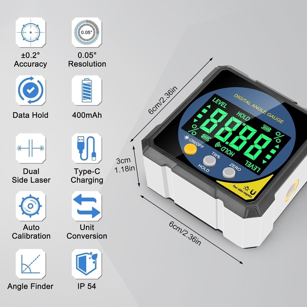 Type-C Rechargeable Laser Protractor with Versatile Measurements & Magnetic Base