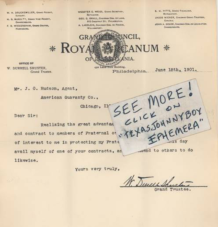 1901 ROYAL ARCANUM letterhead PHILADELPHIA Pennsylvania W. DURRELL SHUSTER