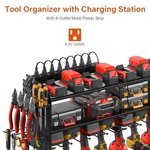 Large Pegboard Power Tool Organizer with Charging 6 FT Power Cord Black