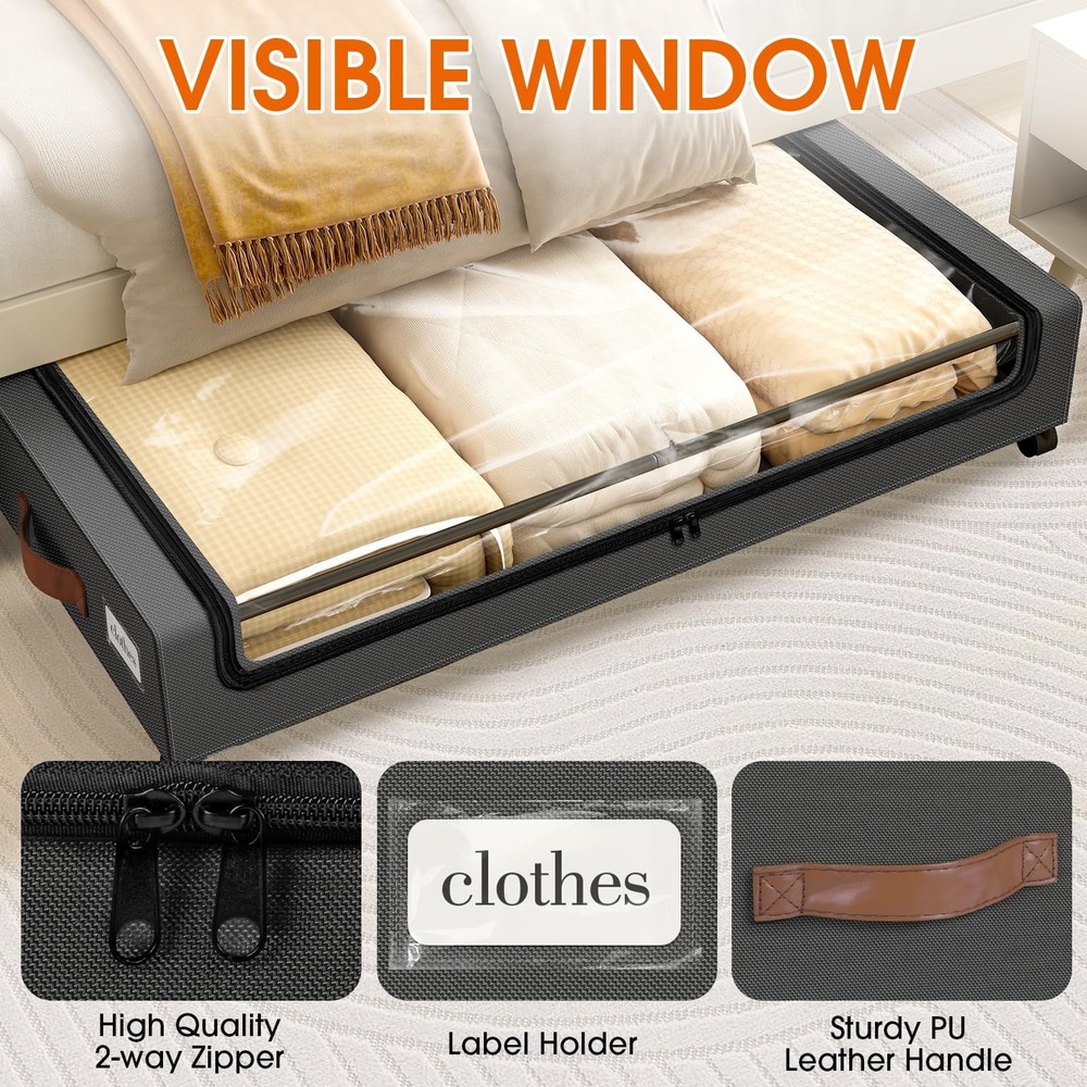 Under Bed Storage with Wheels 2Pack Storage Containers with Clear Window&Labe...
