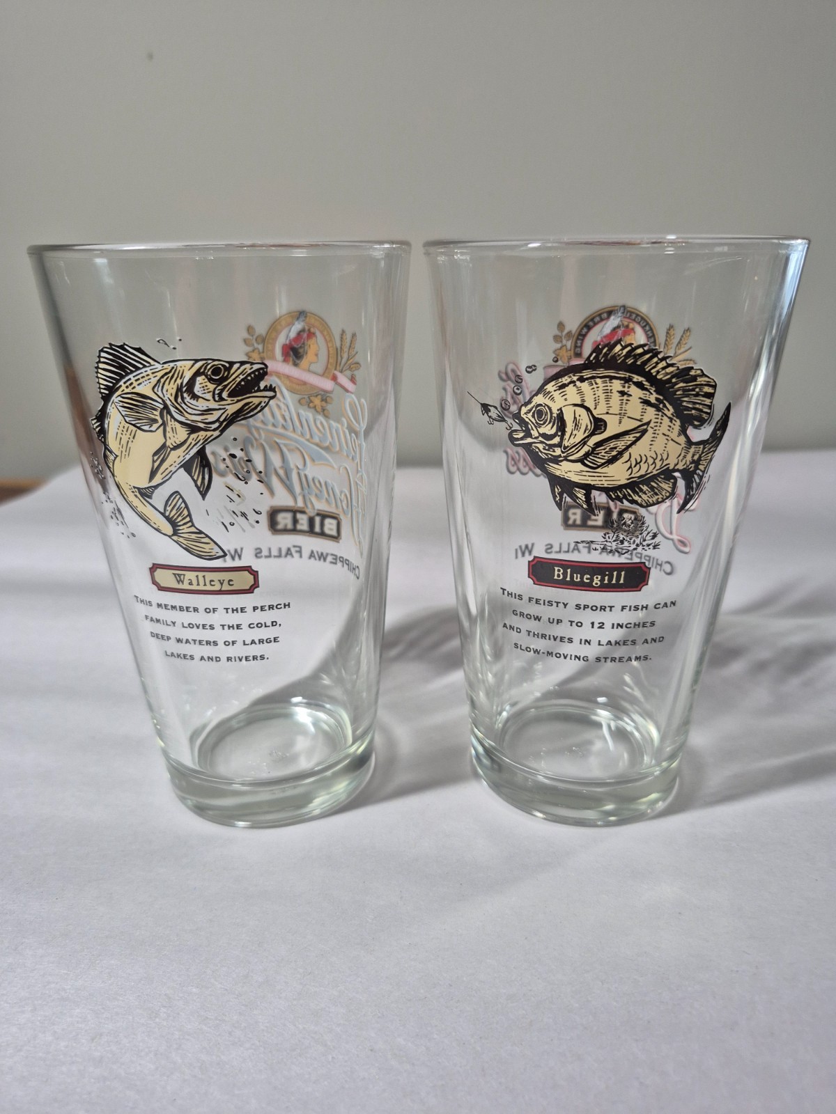 Set Of 2 Leinenkugel Fishing Beer Pint Drinking Glass Walleye and Sunfish