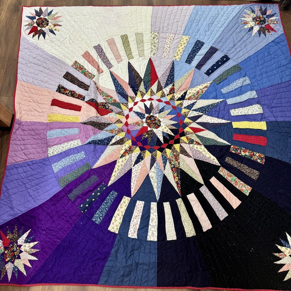 Cotton Mariners Compass Patchwork Quilt Vtg -Inspired 81”x81” See Description
