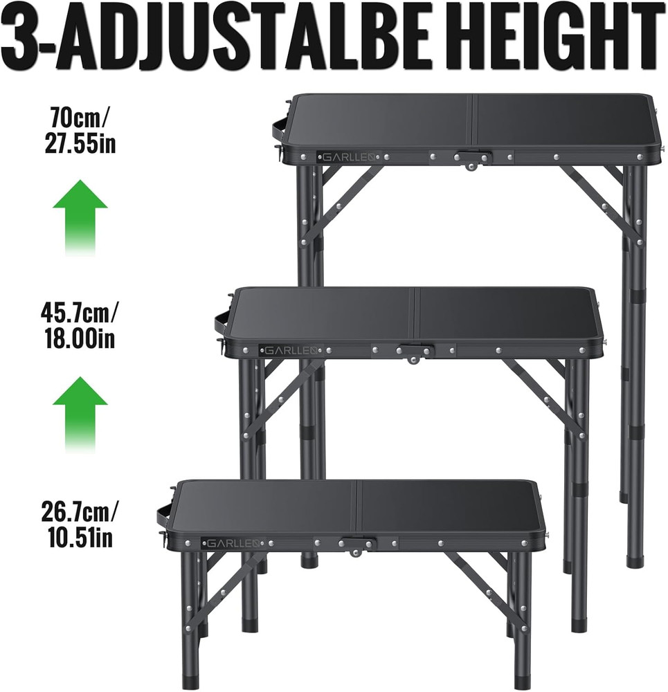 2Ft Folding Camping Table, 3 Adjustable Height Lightweight Picnic Table, Portabl