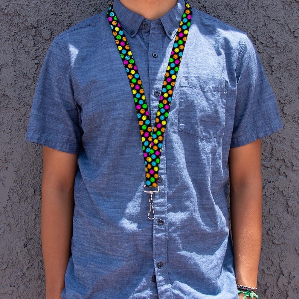 Buckle-Down Lanyard, Smiley Faces Melted Mini Repeat Angle Black Multi Neon, Ela
