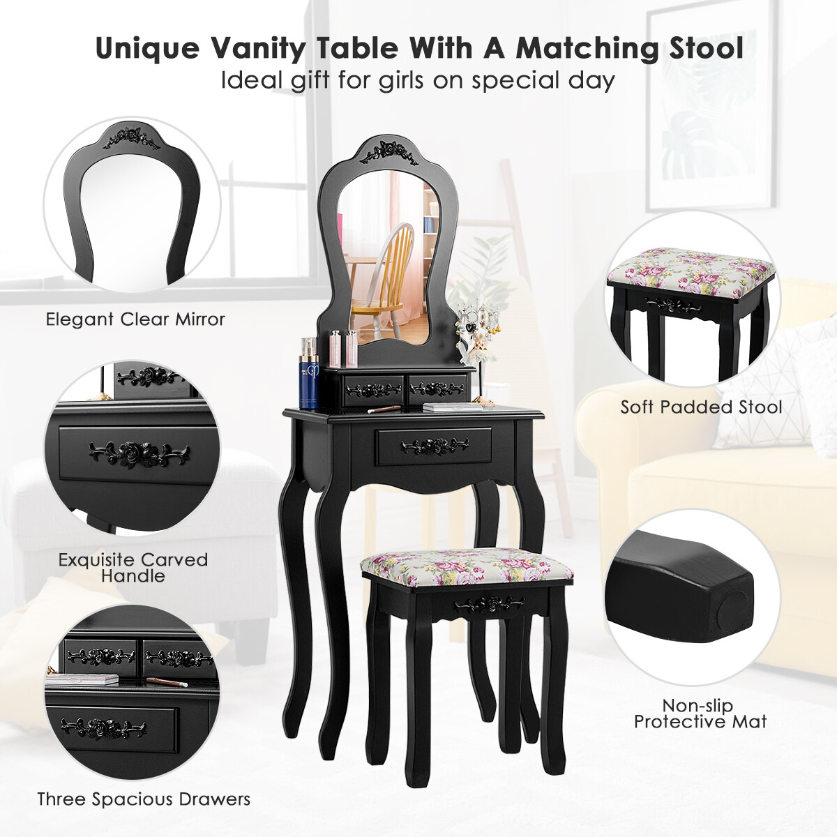 Vanity Wood Makeup Dressing Table Stool Set Jewelry Desk Drawer Mirror Black