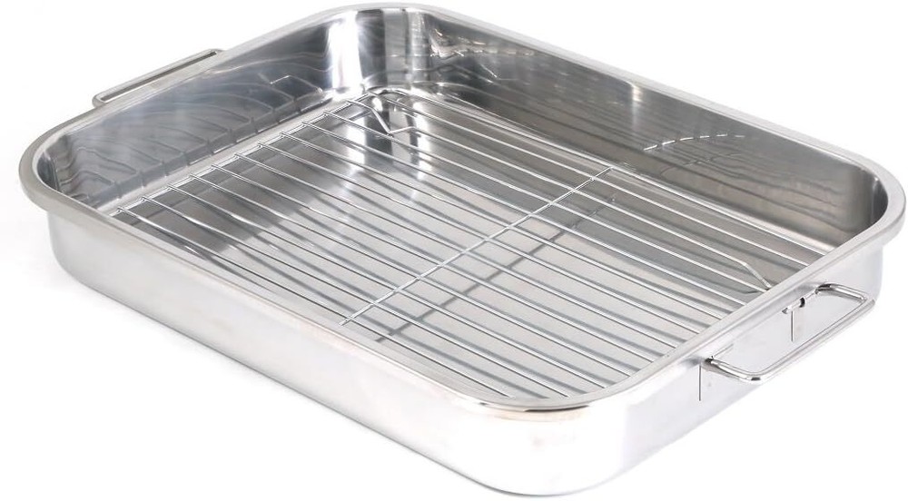 New Rectangular Baking Roasting Pan Rack Serving Dish, Polished Stainless Steel