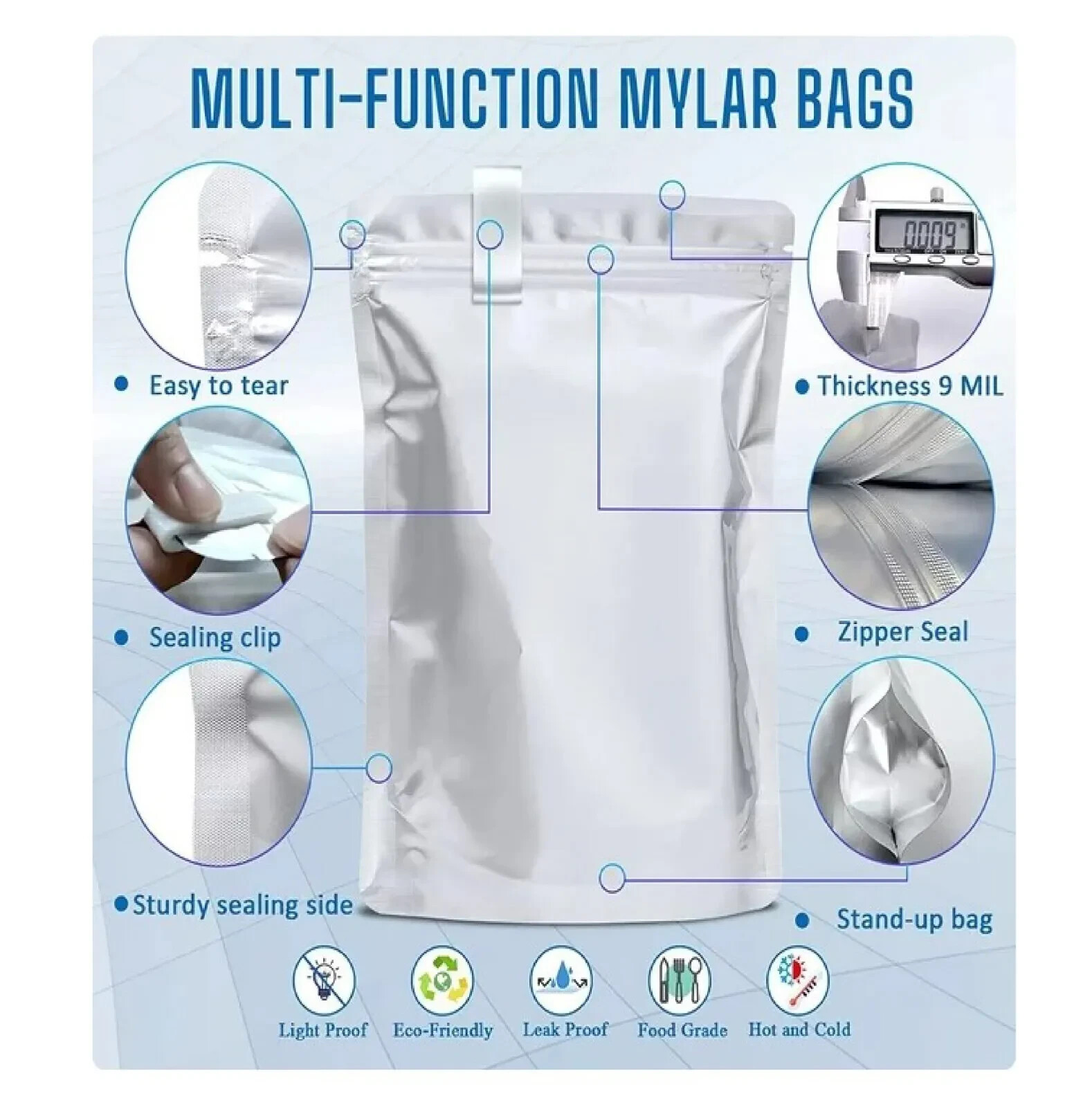 100 Pack Mylar Bags for Food Storage with 100x300cc Oxygen Absorbers