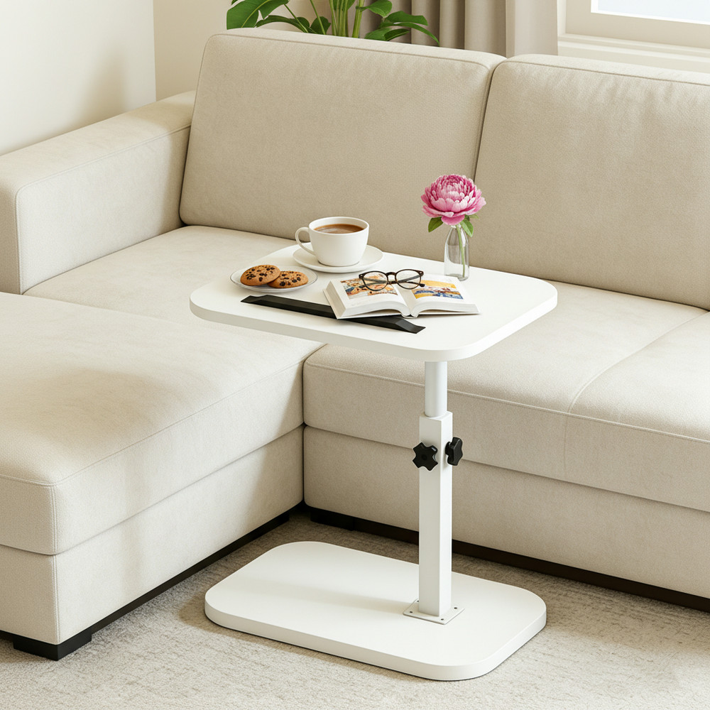 Swivel White C-Shaped Side Table Height Adjustable End Table with Slot for Sofa
