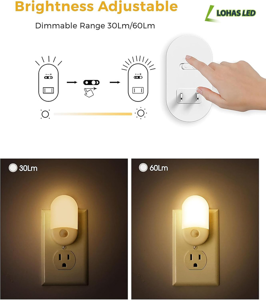 LOHAS LED Motion Sensor Night Light 2-Pack | Plug-In 3000K Warm White Adjustable