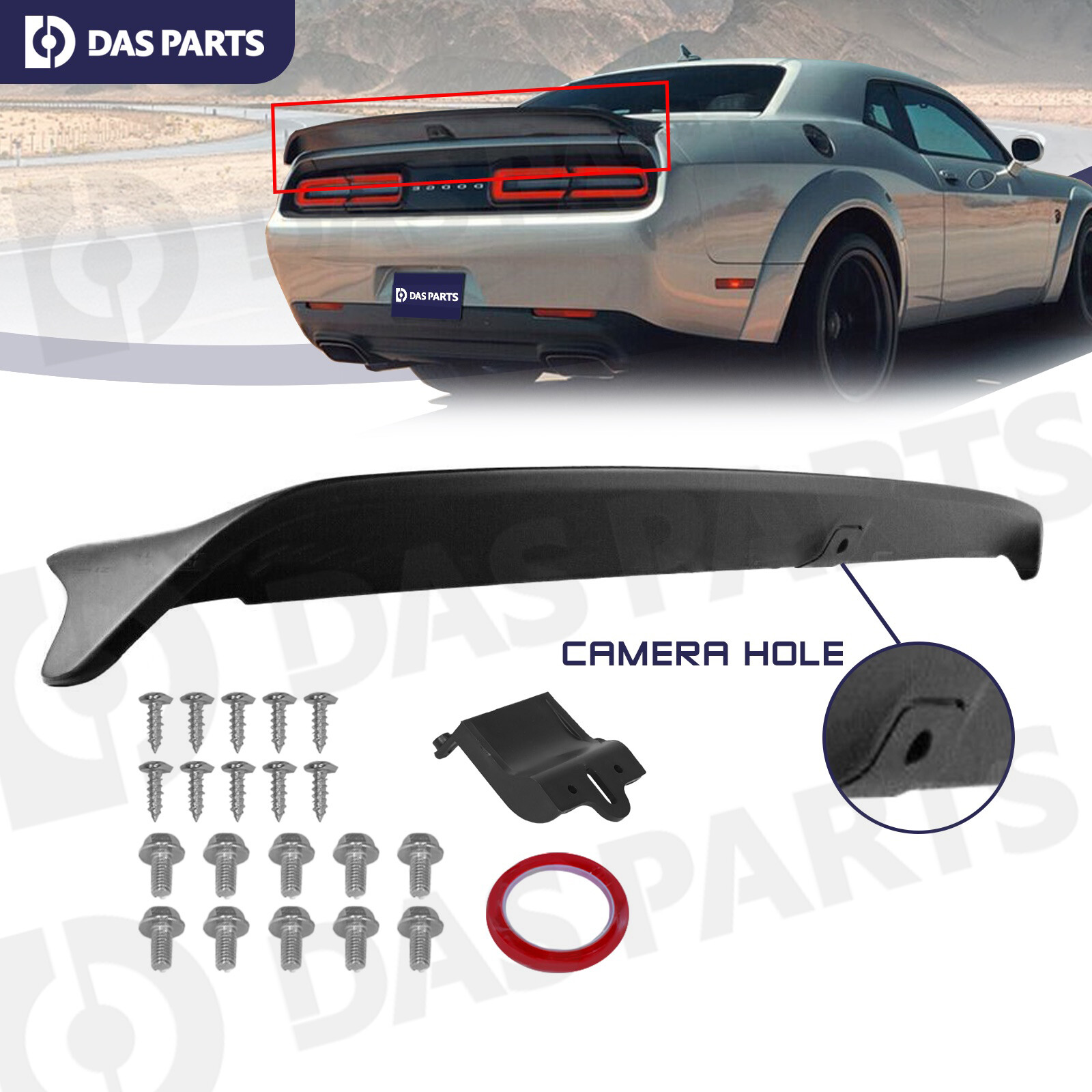 For 08-23 Dodge Challenger Hellcat Redeye Rear Spoiler w/Camera Hole Matte Black