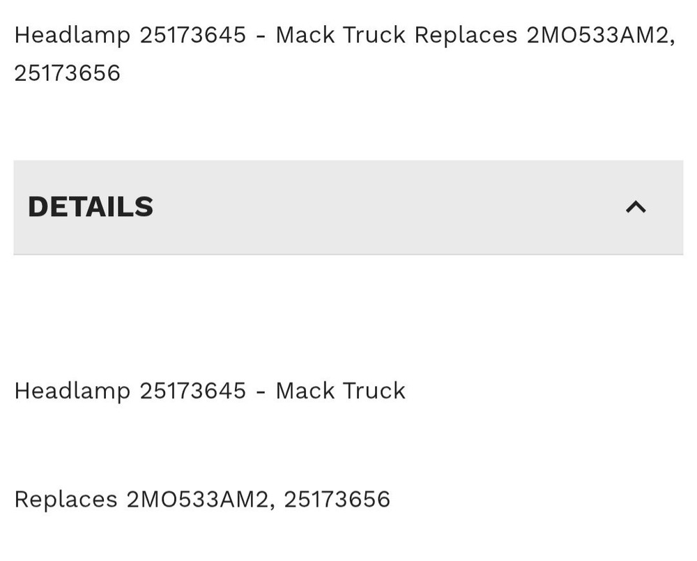 Mack Right Headlamp Part # 25173645