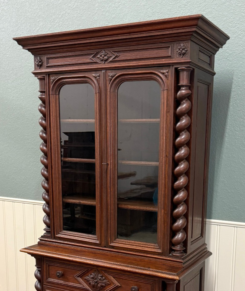 Antique French Bookcase & Chest of Drawers Display Cabinet Barley Twist Oak