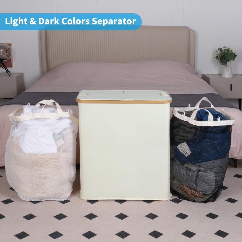 Laundry Hamper with Lid, Double Laundry Hamper with 2 Removable Bags, 2 Secti...
