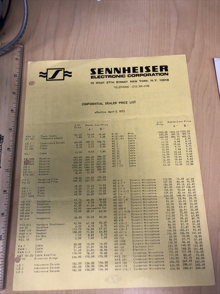 1973 SENNHEISER PRICE LIST