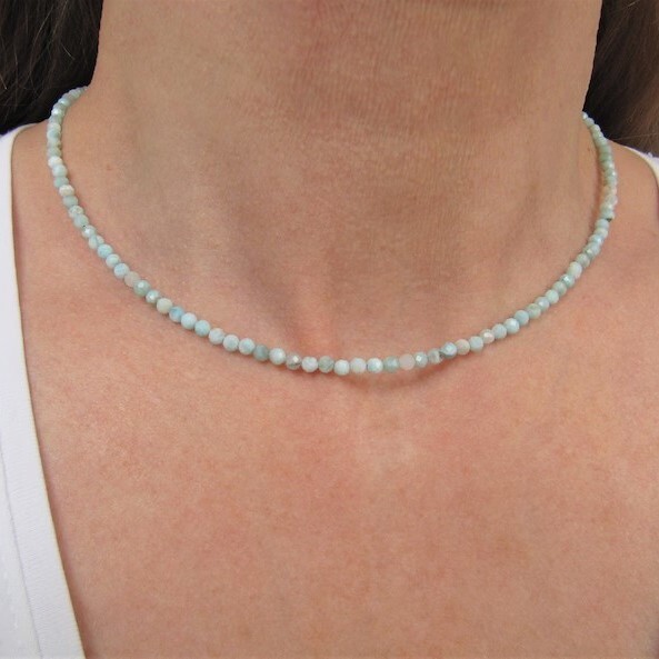 Natural Larimar 2mm Gemstone Beads Dainty Choker Minimalist Crystal Necklace