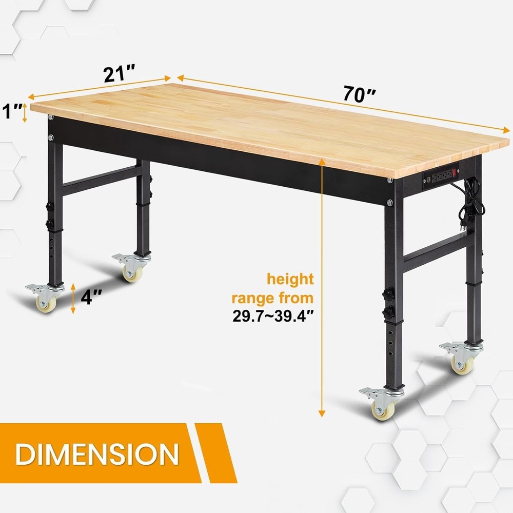 70" Adjustable Work Bench, Workbench Heavy-Duty Work Table for Garage, Home