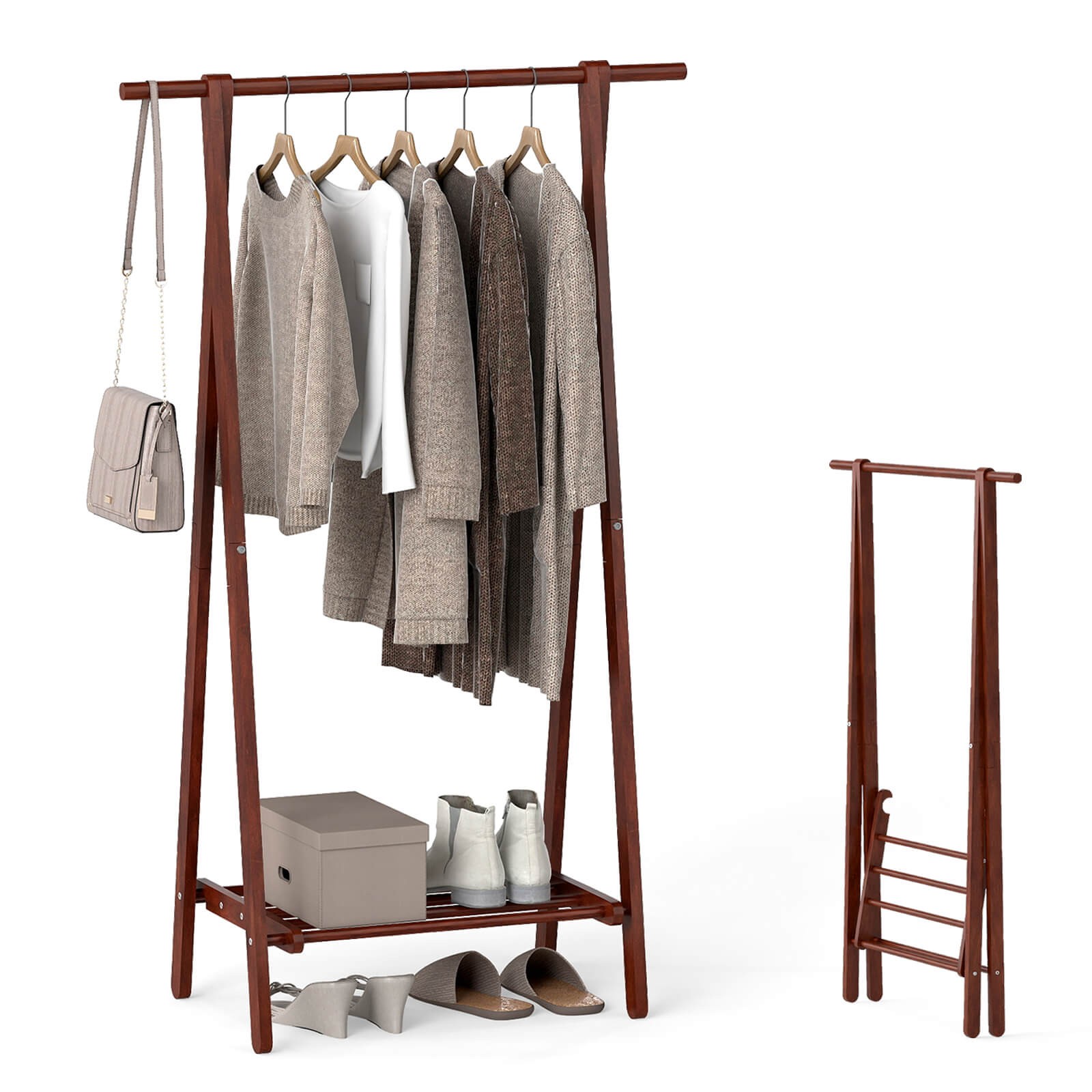 Folding Rubber Wood Clothes Hanging Rack w/Bottom Storage Shelf for Bedroom