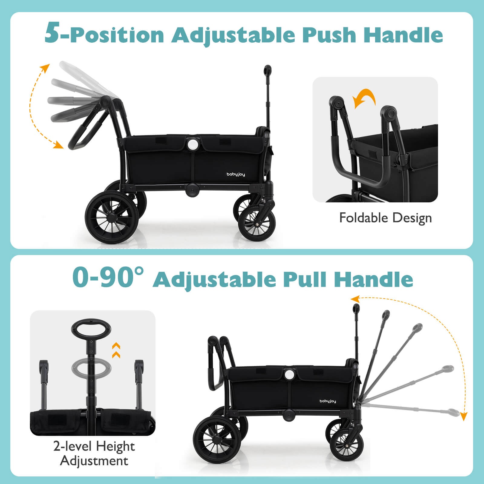 Wagon Stroller for 2 Kids Push Pull Double Stroller with Adjustable Handle