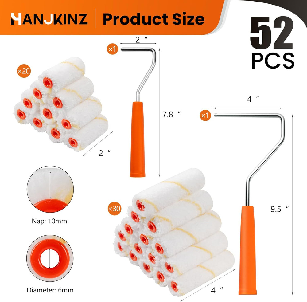 50 Pack Microfiber Paint Roller Covers 2" 4" Mini Rollers With Frame 3/8 Nap Kit
