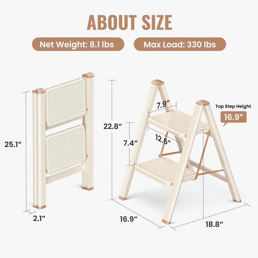 2 Step Ladder, 2 Step Stool for Adults, Folding Step Ladder with Secure Footi...