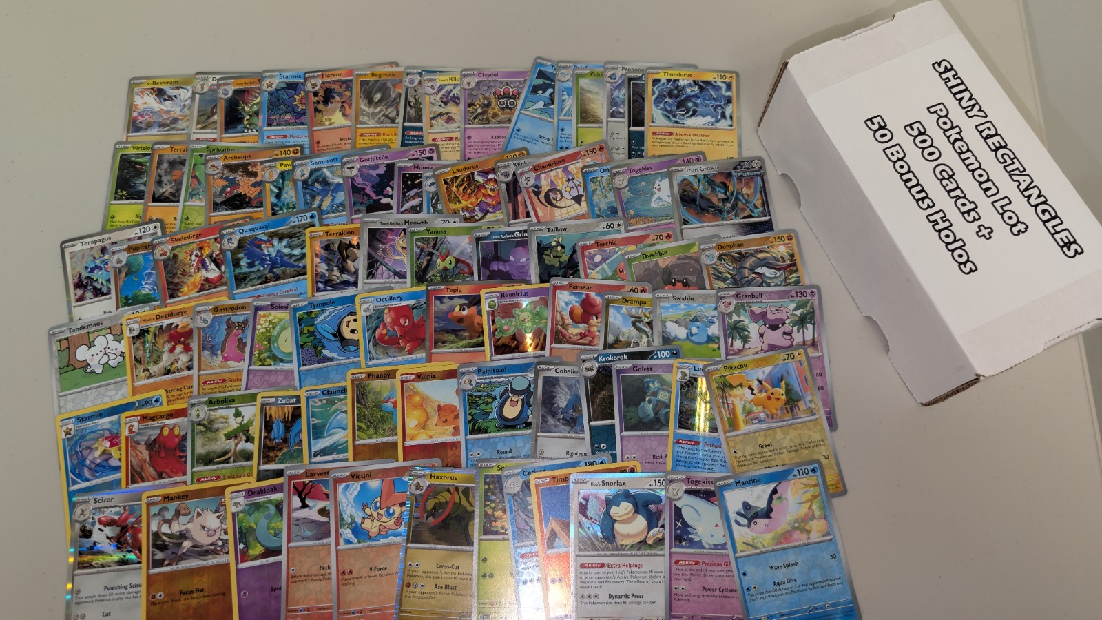 500 Pokemon Card Lot + 50 Holo, Rares, Reverse Foils - Gift Box Bulk Collection