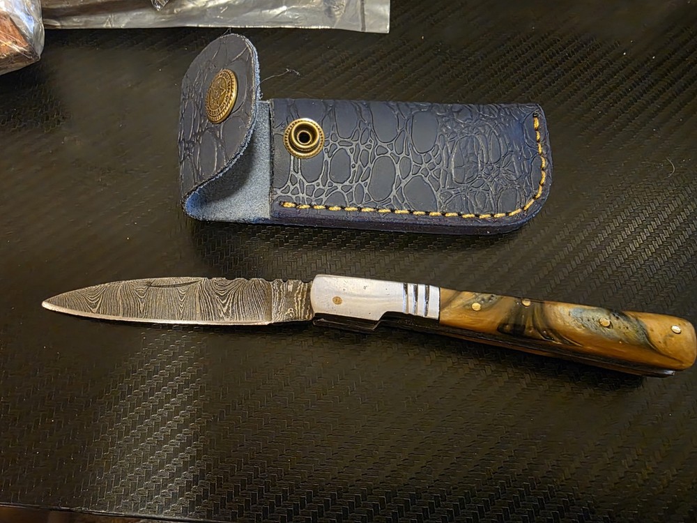 hand made folding damascus knife with sheath