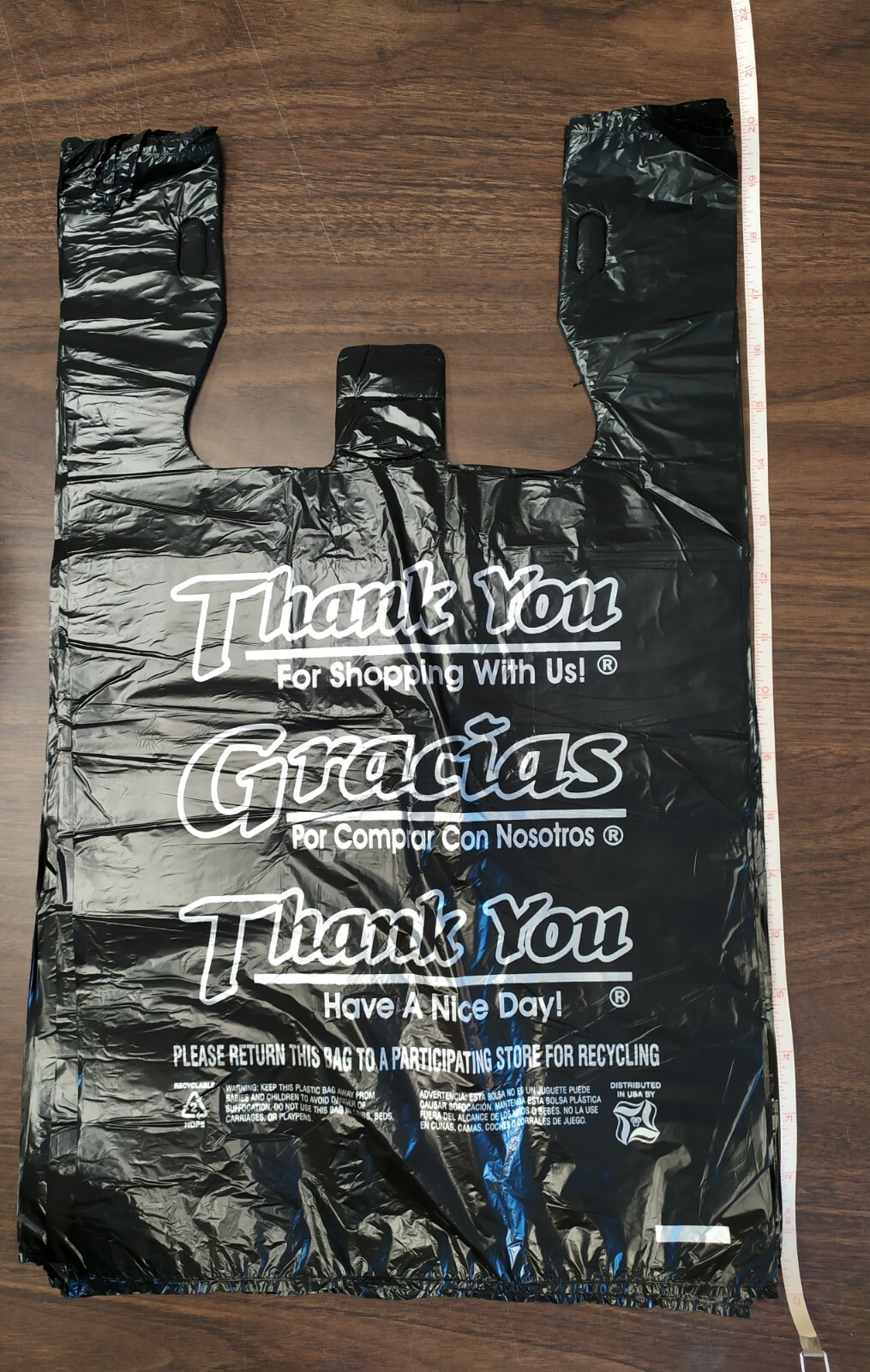1/6 Large 20 x 6.5 x 11.5 BLACK Thank you T-Shirt Plastic Grocery Shopping Bags
