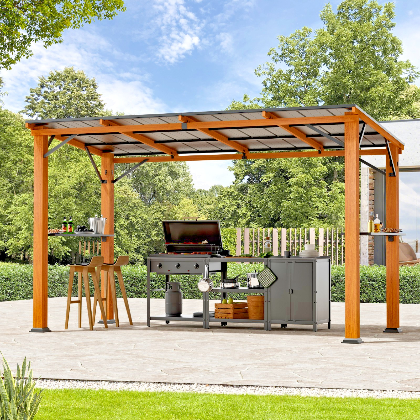 6'x12' Wooden Hardtop Grill Gazebo Steel Roof with Side Shelf and Bottle Opener