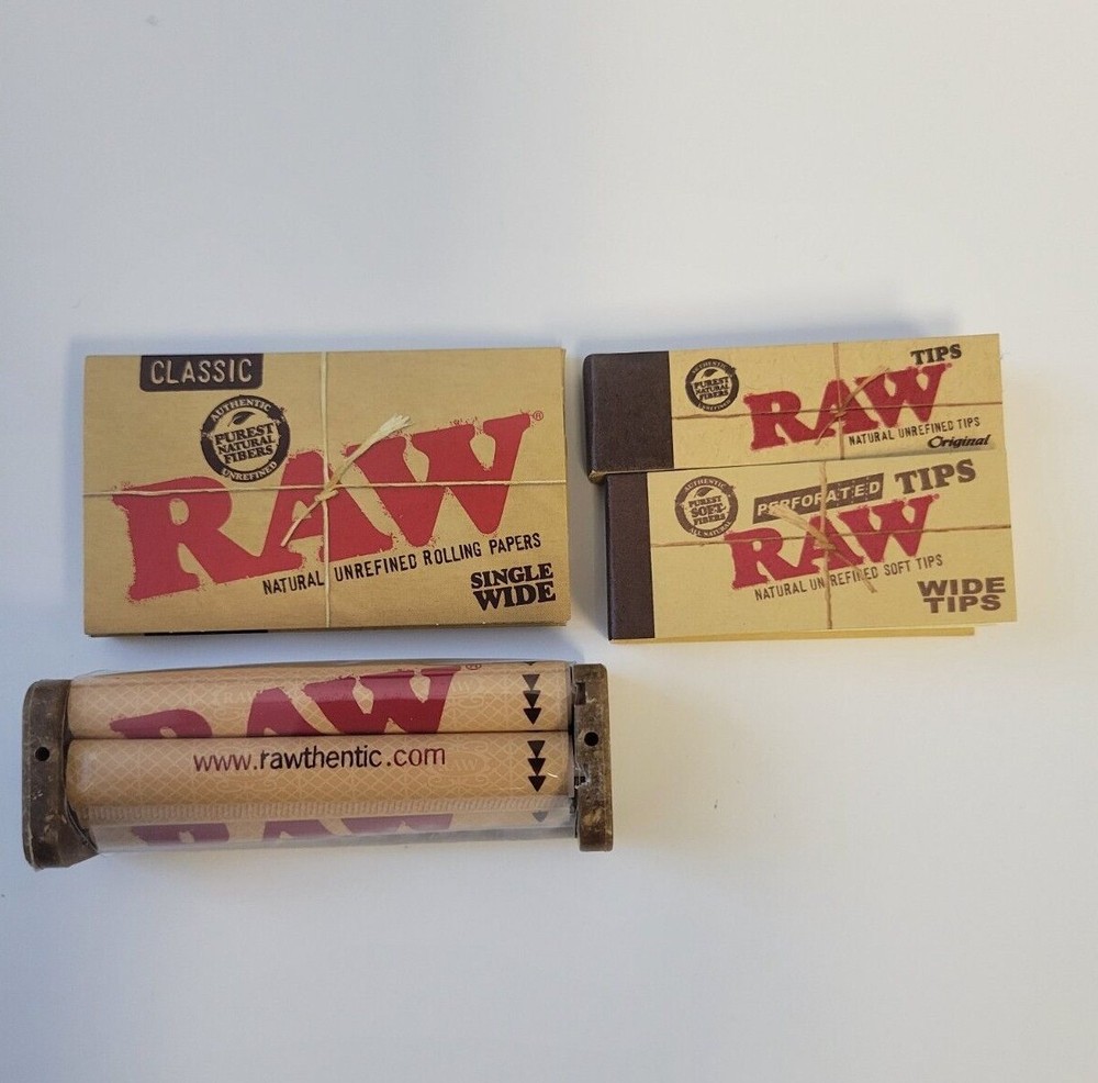 RAW Classic Single Wide Papers+ Rolling Machine+Wide & Original Tips 4 PC Bundle