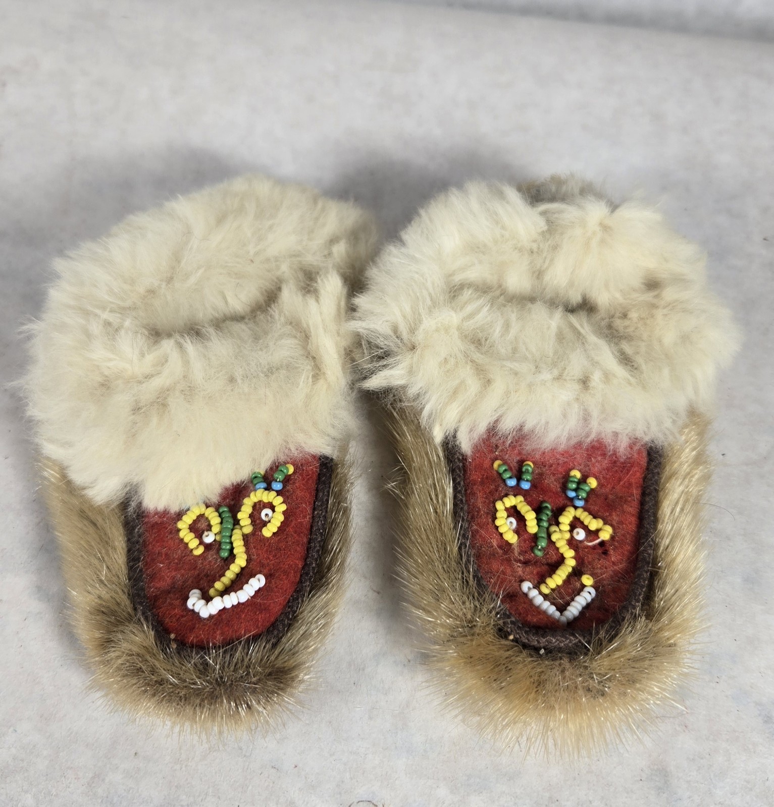 Early 1900's Moccasins Hand Made Native American Baby Toddler Leather Fur Beads