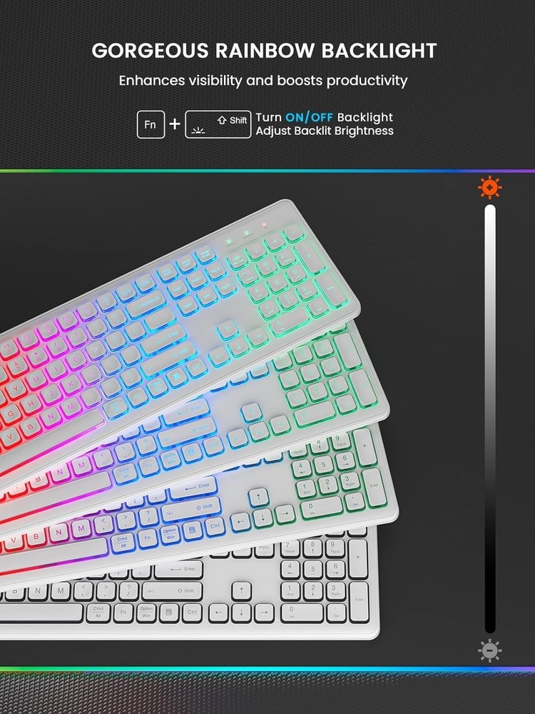 Wireless Backlit Keyboard & Mouse – Quiet, Rechargeable, USB, White Combo