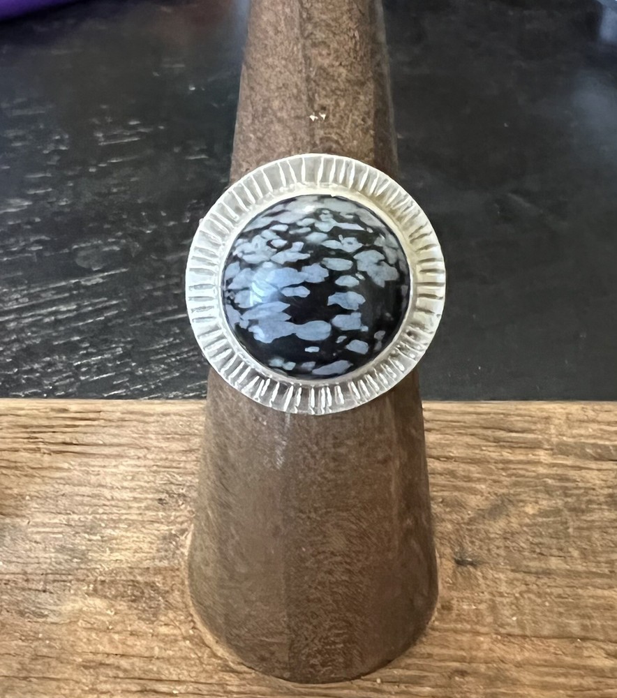 Hand Crafted Snowflake Obsidian Ring - Sterling Silver - Size 8