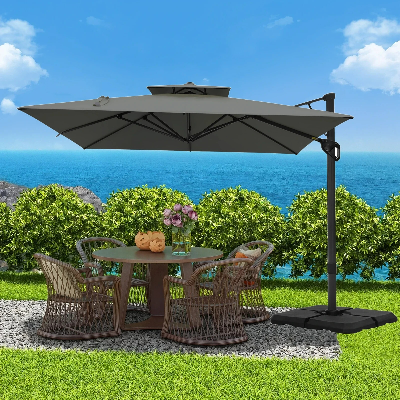 9'x 12' Cantilever Patio Umbrella Outdoor Double Top Large Umbrella with Base