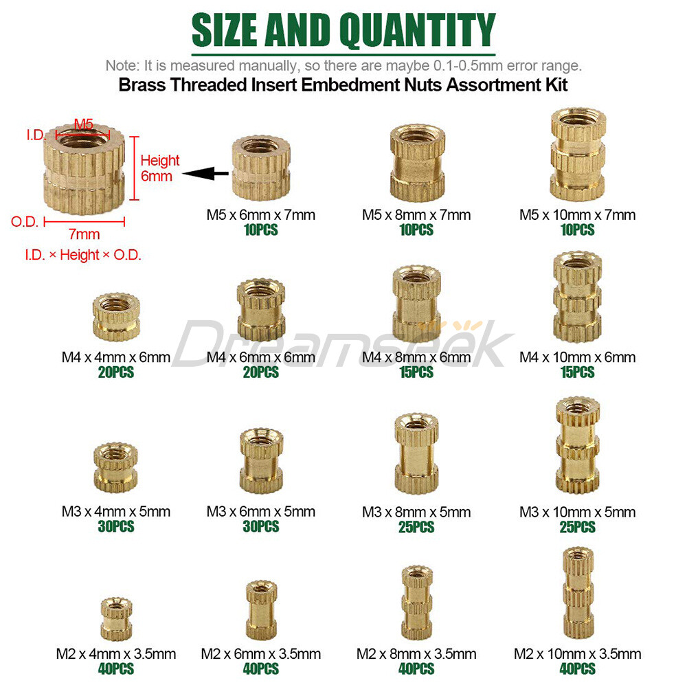 370Pcs Brass Knurled Nut Thread Set Insert Embedment Injection Nuts M2 M3 M4 M5