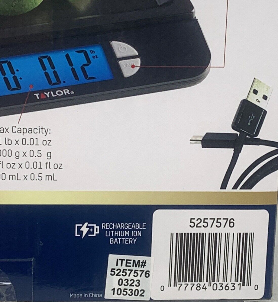 Taylor Kitchen Digital Scale Max 11 Lb. USB Rechargeable Multi-Function Black