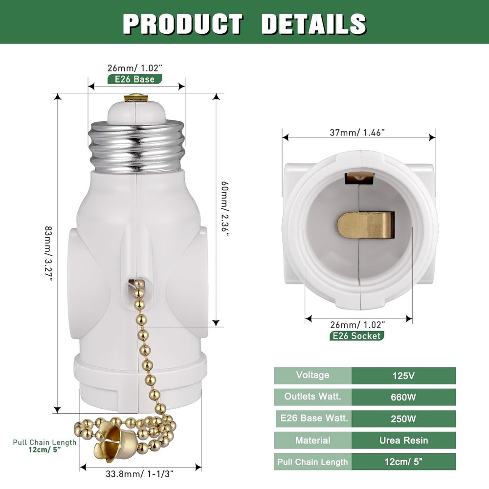 2 Outlet Light Socket Adapter with Pull Chain Switch White Medium Screw 2 Pack