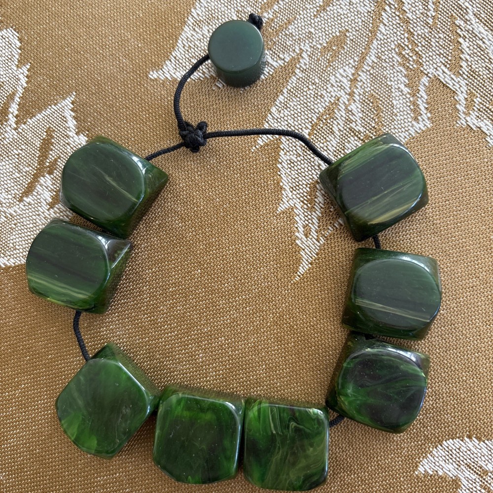 BAKELITE BRACELET Spinach Green Yellow Marbled Expansion Chunky Pyramidal Shape