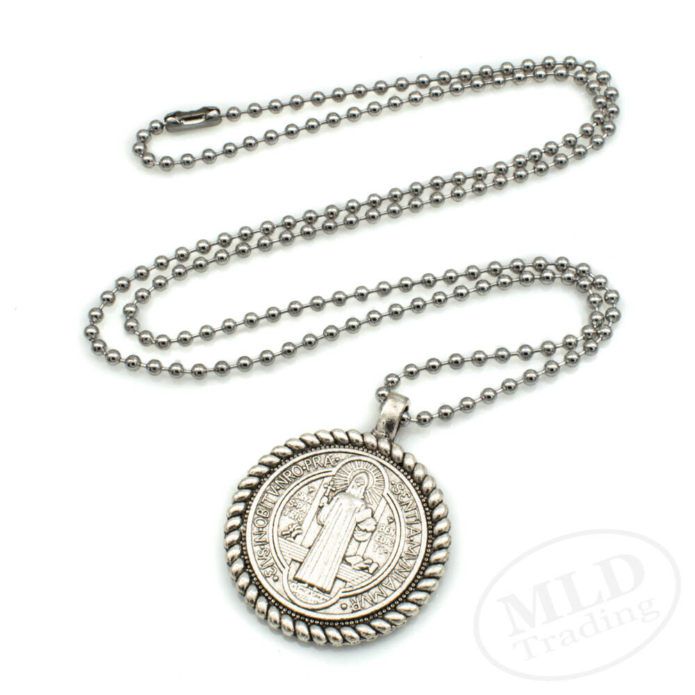 Knot Border Saint St Benedict Medal Pendant Necklace 24" Ball Chain Silver Tone