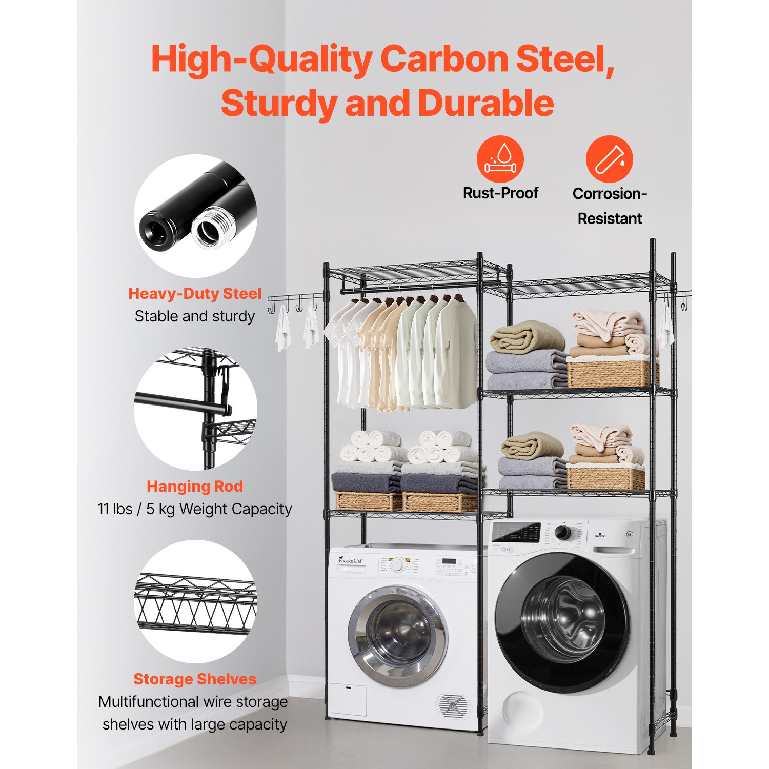 Over Washer and Dryer Storage Shelf Two Row 5 Tiers Washer Rack Black