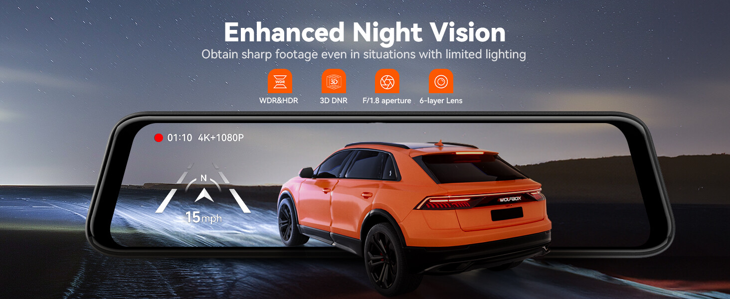 WOLFBOX G850 PRO Rear View Mirror Dash Cam GPS WiFi, Voice Control, ADAS & BSD